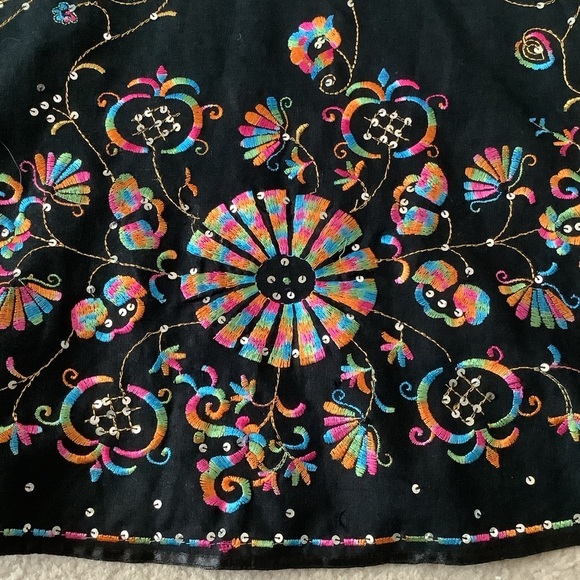 VINTAGE Embroidered Linen Skirt Black A-line Midi Pin-Up Retro Rockabilly 8 - Picture 10 of 12